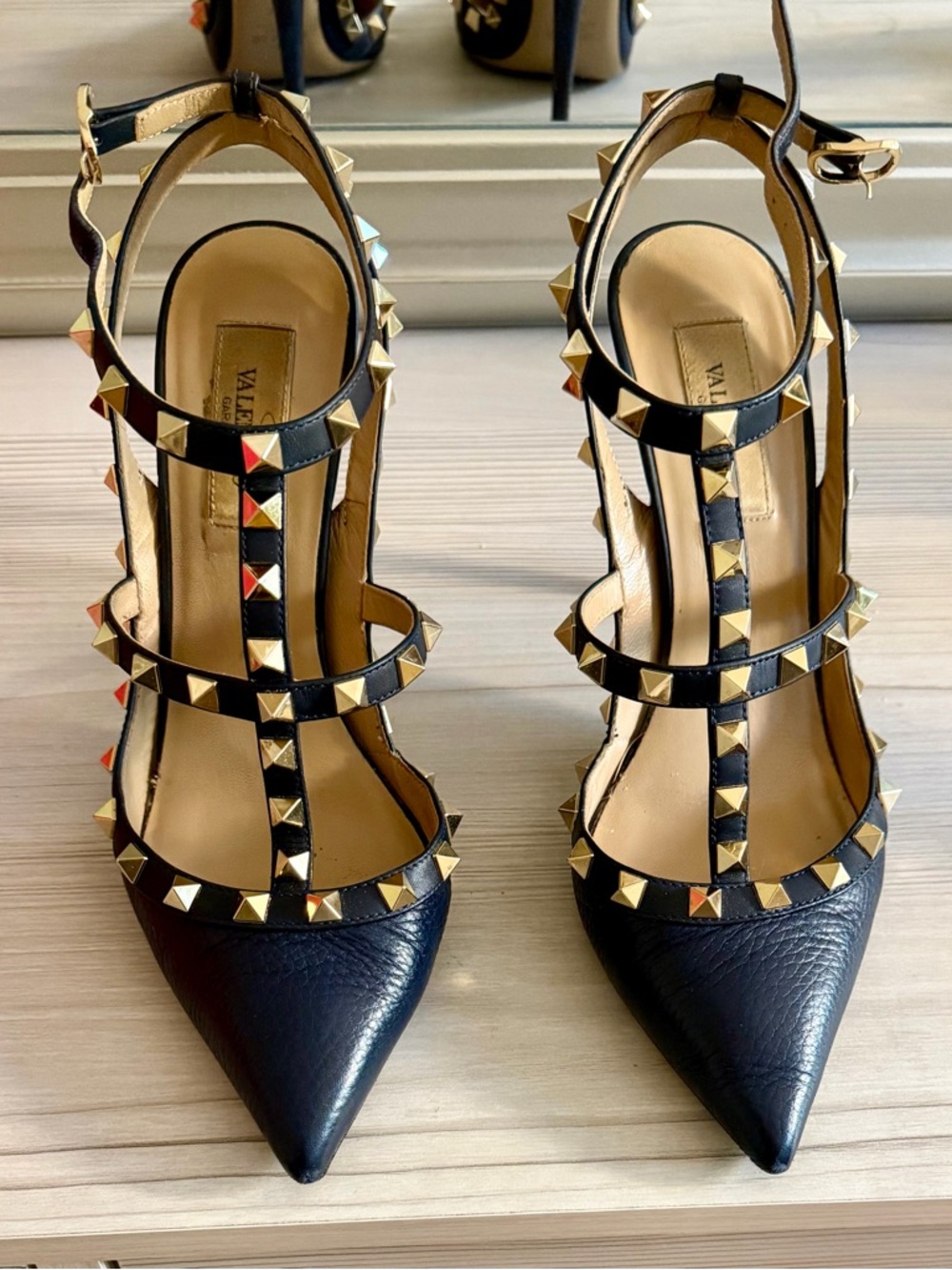 Valentino Garavani Navy Leather Rockstud T-Strap Pointed Heels